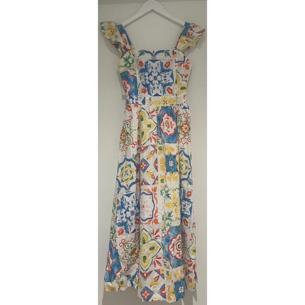 Prosperina Nicola Blue Multi Sicilian Tile Print Linen Ruffle Midi Dress